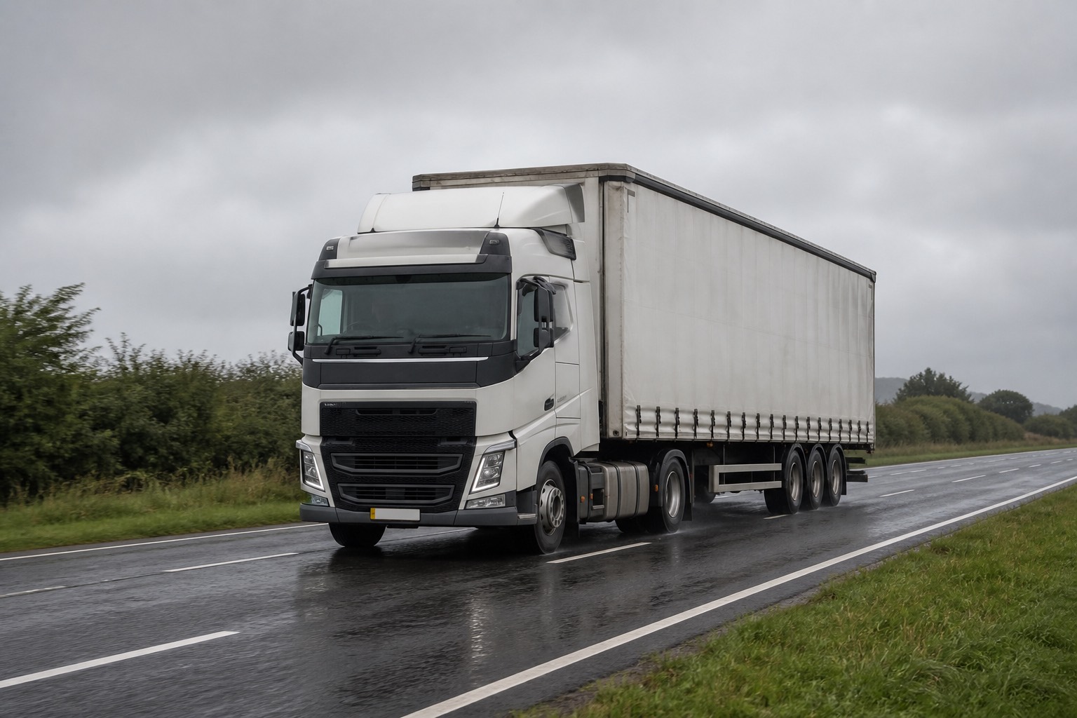 European cab-over truck and curtainsider trailer on an Irish road, the type of commercial vehicle fitted at Newrath