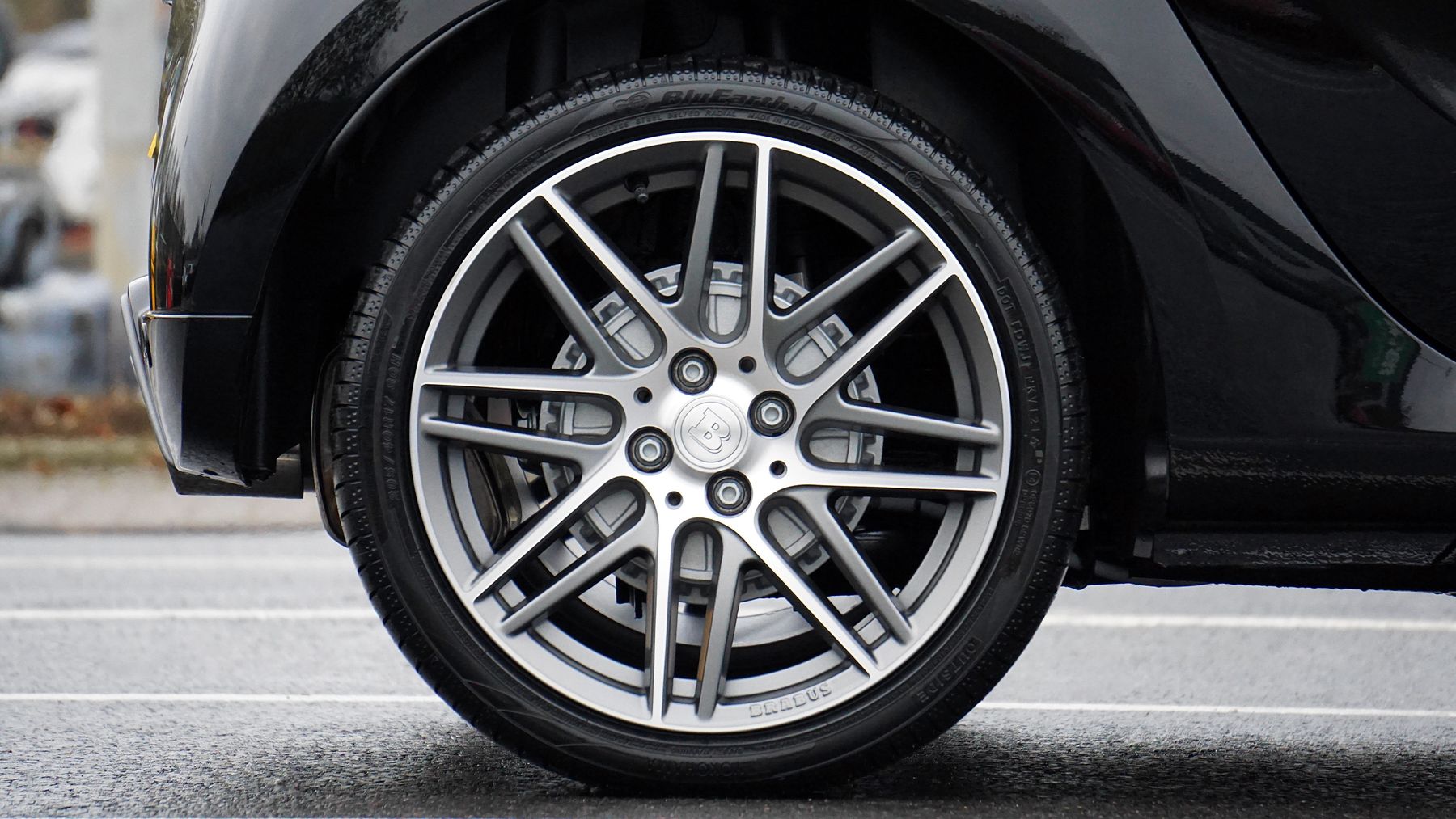 Close-up of a performance tyre and alloy wheel ready for fitting in Waterford